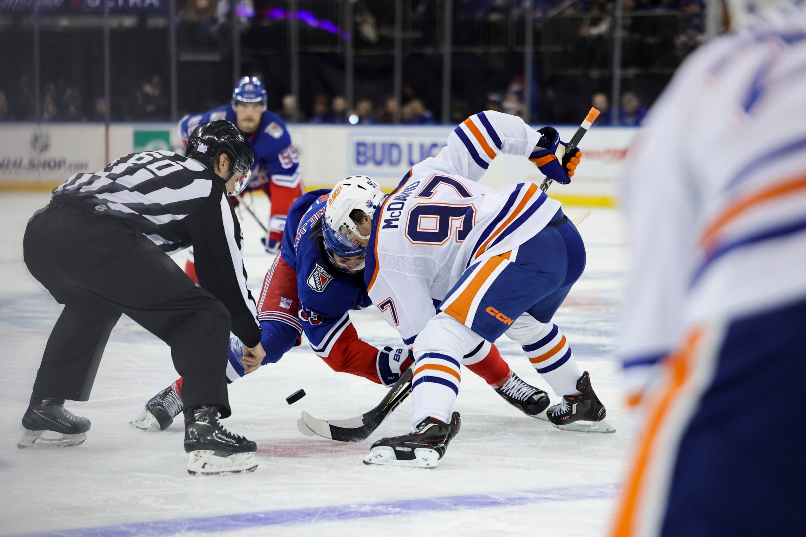 Edmonton Oilers Connor McDavid faces off New York Rangers